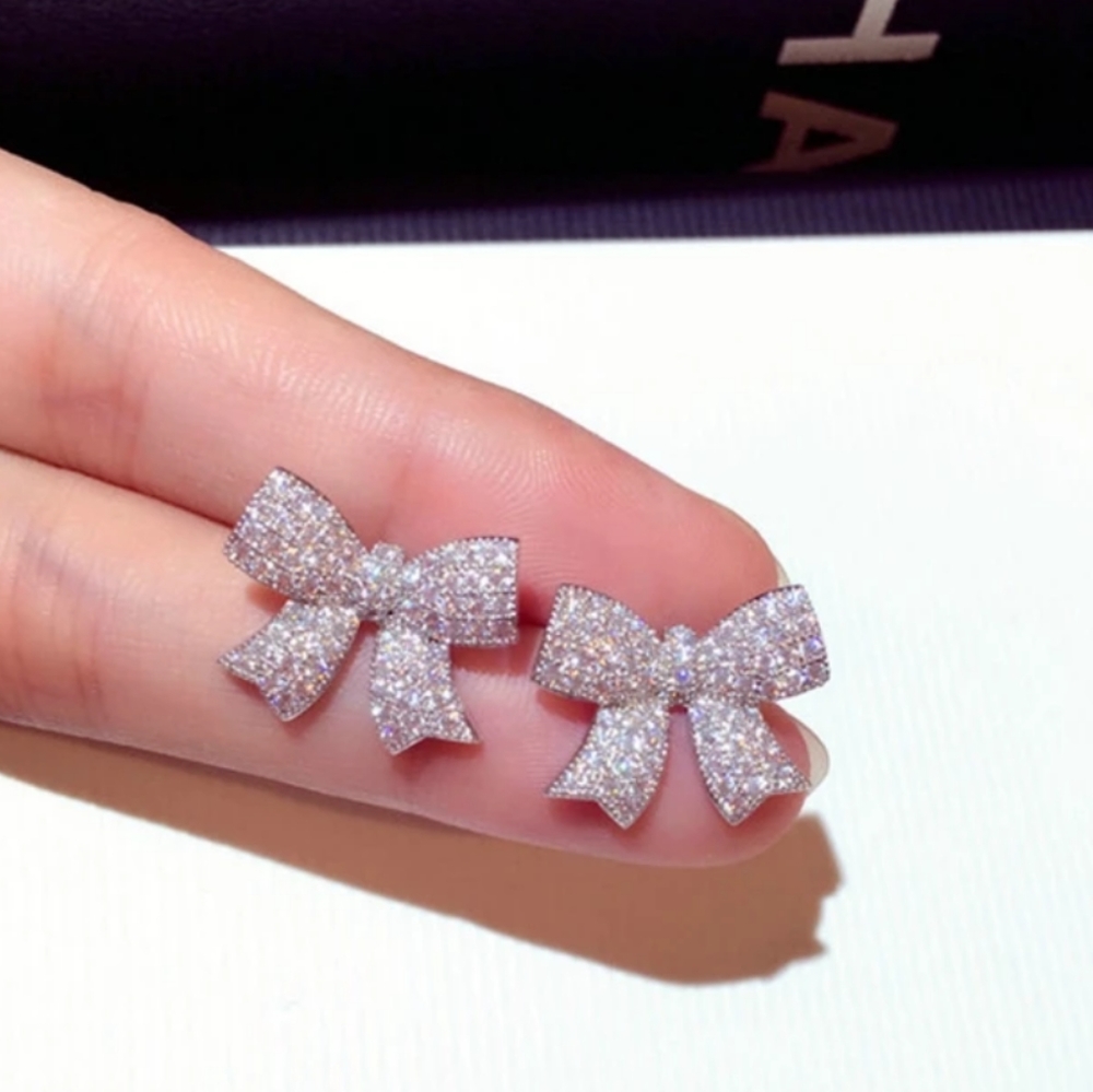 NEW 925 Sterling Silver Diamond Bow Knot Earrings